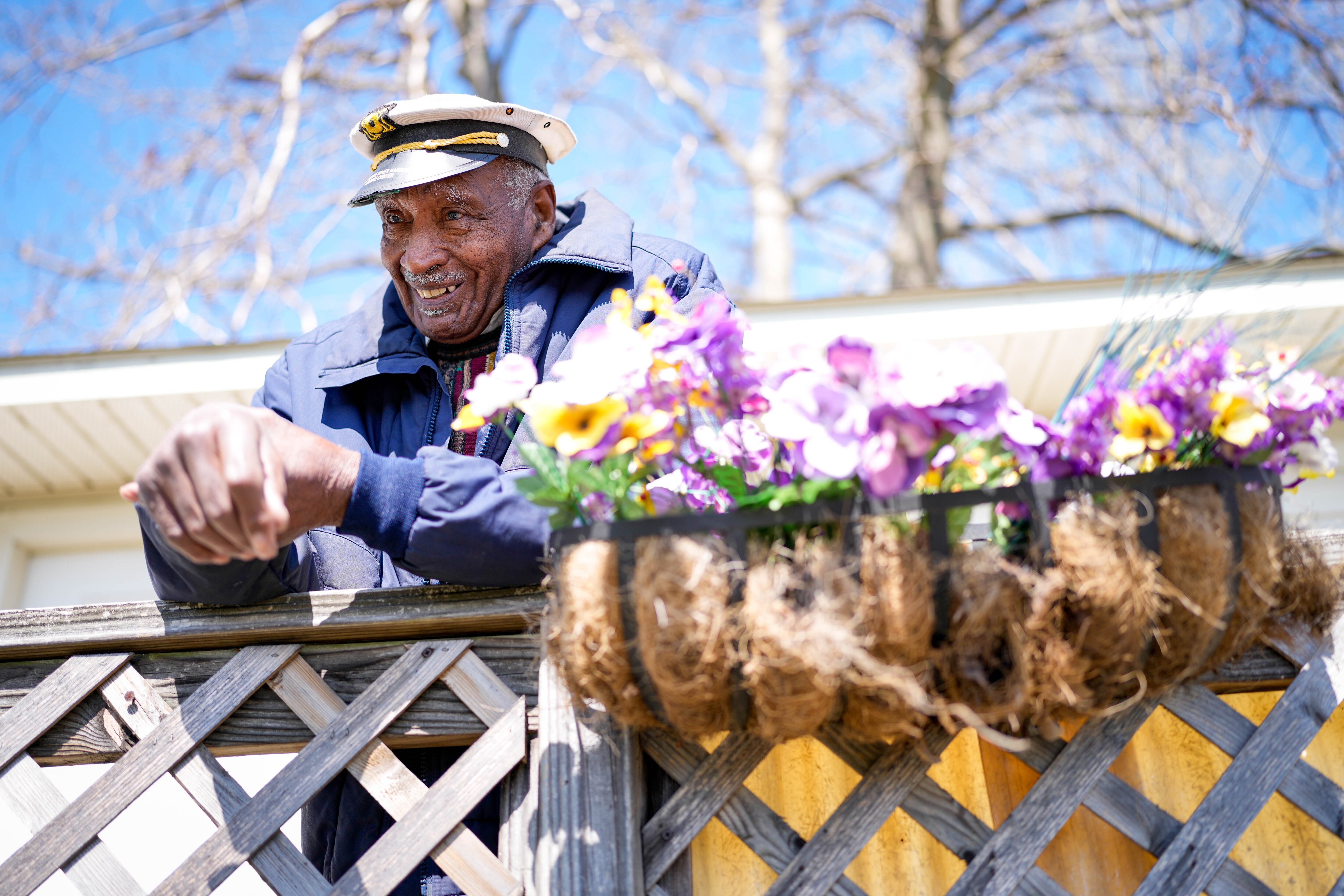 Capt. Johnnie Mathis, 97, smiles as he’s interviewed outside of Pleasant Yacht Club in Sparrow’s Point, Md. on Thursday, April 3, 2025.