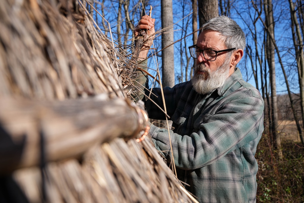 Jeff Gottlieb, a ‘Primitive Naturalist,’ leads construction on one of the wigwams at the Irvine Nature Center’s Native American Educational Site in Owings Mills, Md., on Thursday, November 13, 2025. The Center will host a free Indigenous Peoples Celebration on Sunday, November 23.