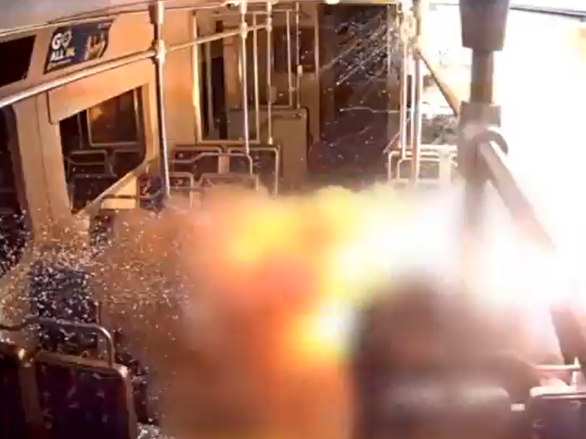 A screen grab of an MTA video shows smoke and fire on a light railcar in fall 2023.
