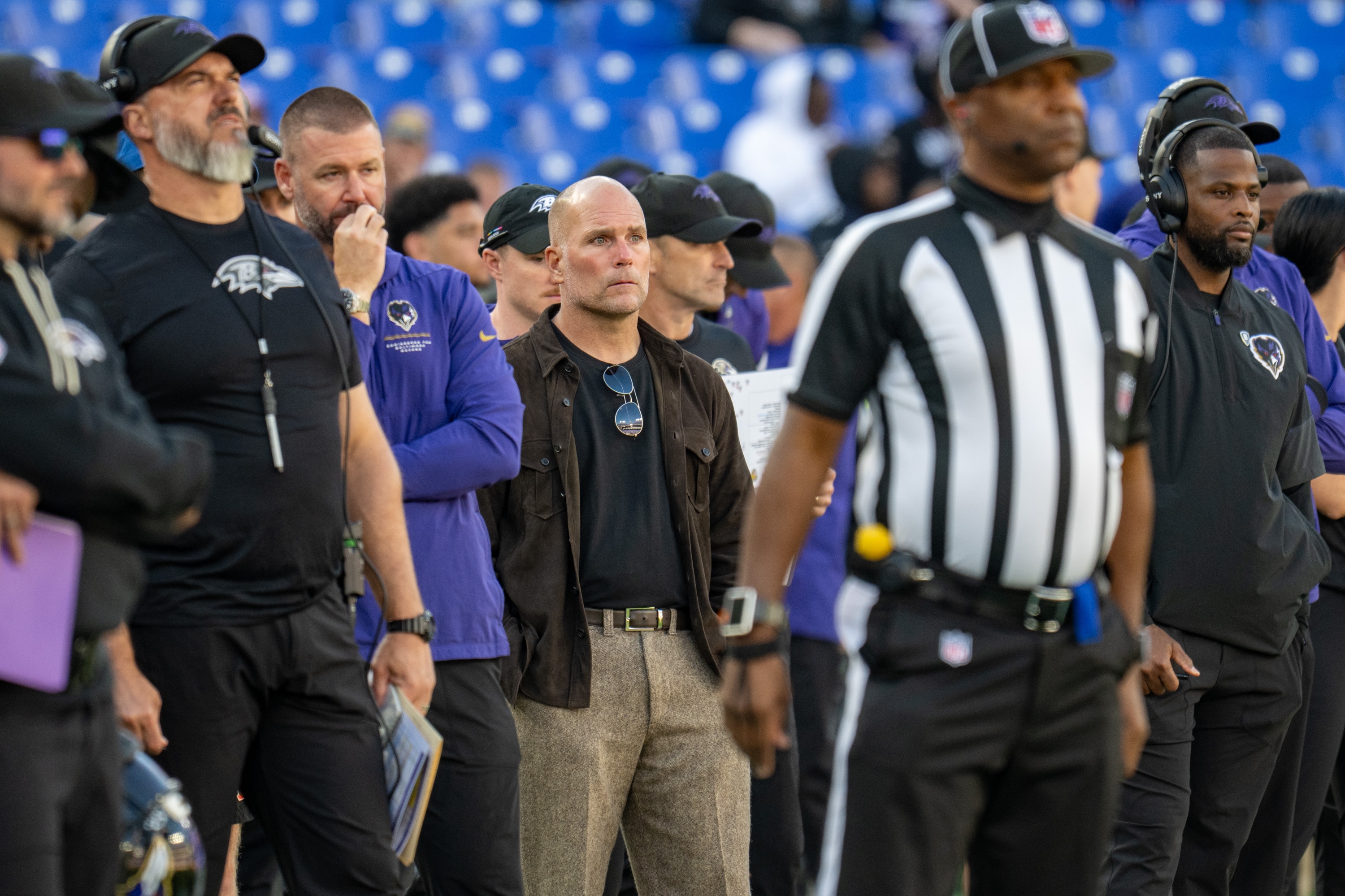Ravens general manager Eric DeCosta watches the fourth quarter of Sunday’s 35-13 loss to the Bengals at M&T Bank Stadium.