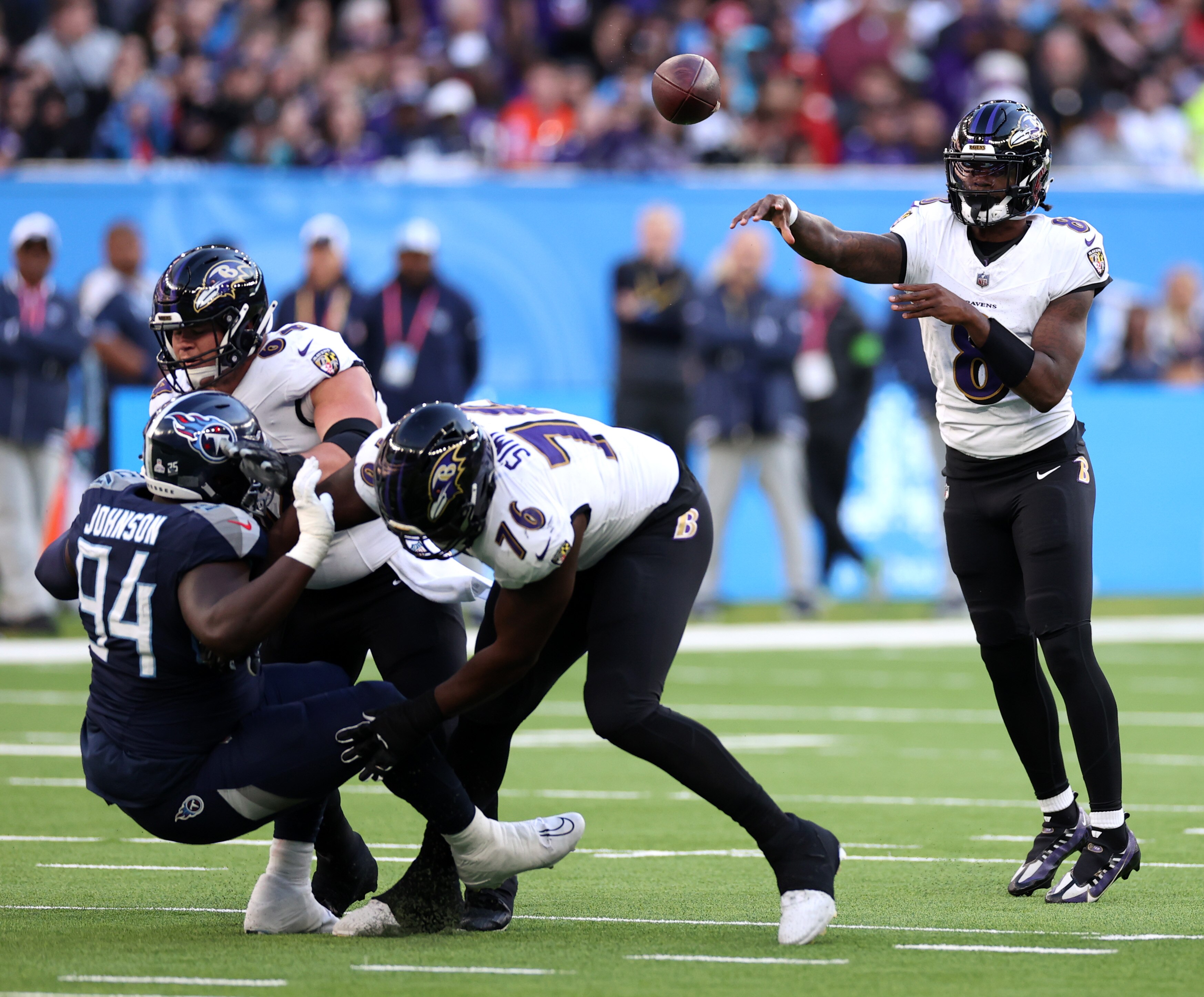 LONDON, ENGLAND - OCTOBER 15: Lamar Jackson #8 of the Baltimore Ravens throws a pass during the 2023 NFL London Games match between Baltimore Ravens and Tennessee Titans at Tottenham Hotspur Stadium on October 15, 2023 in London, England. (Photo by Ryan Pierse/Getty Images)
