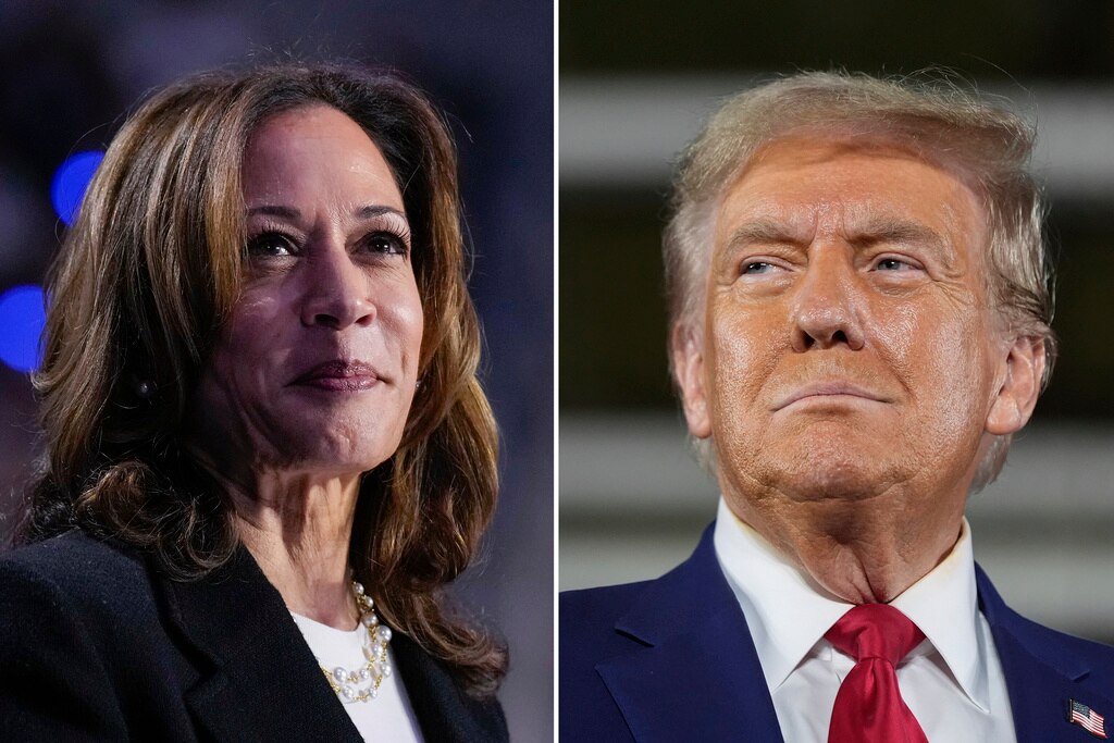 A combination of file photos shows Democratic presidential nominee Vice President Kamala Harris, left, speaking at a campaign rally in Charlotte, N.C., on Sept. 12, 2024, 2024, and Republican presidential nominee former President Donald Trump speaking a town hall campaign event in Warren, Mich., on Sept. 27, 2024.