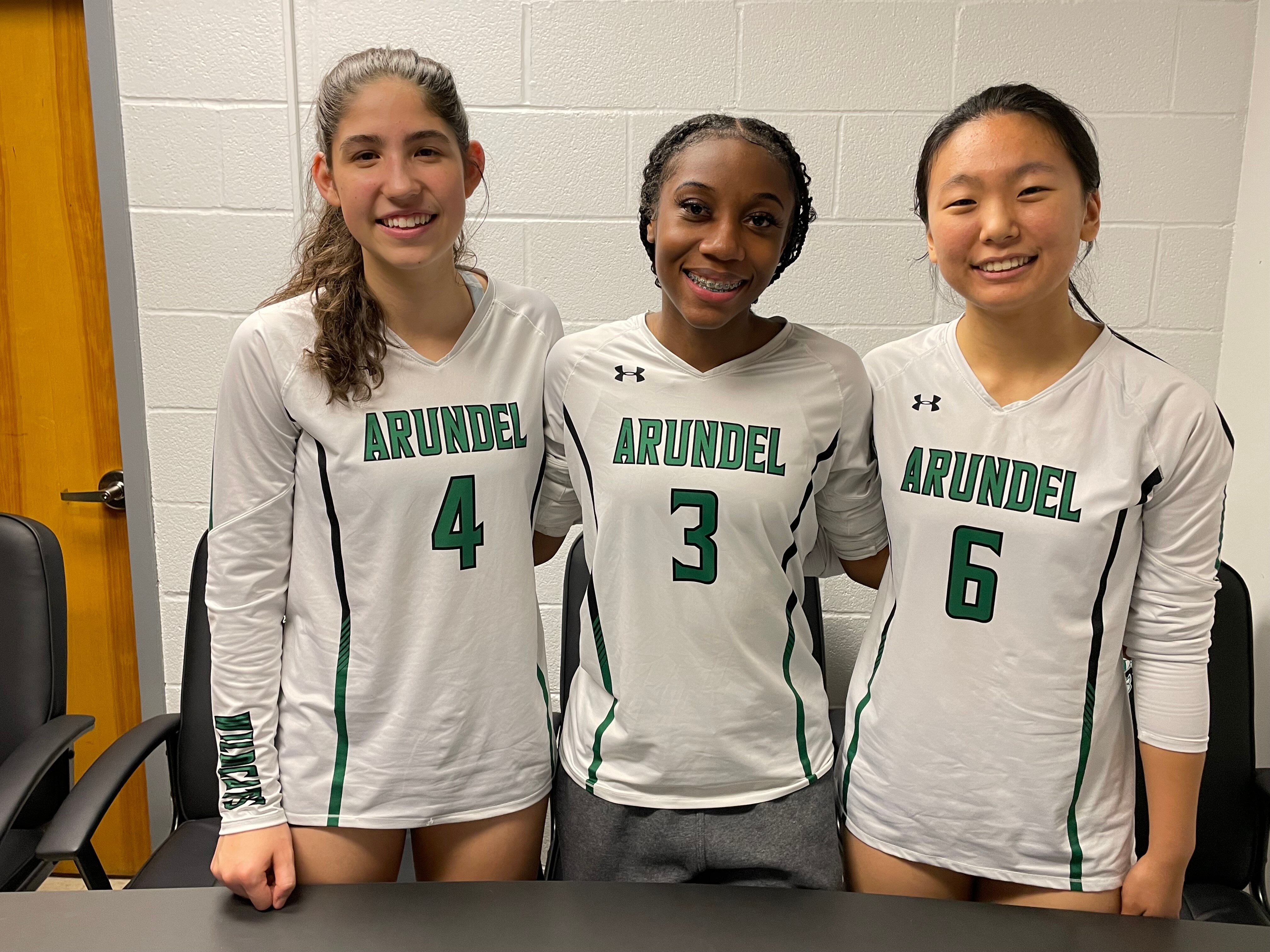 Arundel’s Audrey Owens (4), Taylor Johnson (3) and Emily Liu (6) led the undefeated No. 1 Wildcats to a sweep of Bowie in the Class 4A state volleyball semifinals Monday night. Johnson had eight kills, Liu had 21 assists and Liu and Owens combined for 16 aces. The Wildcats will go for their third straight championship when they meet Urbana in the title match Wednesday night at Harford Community College.