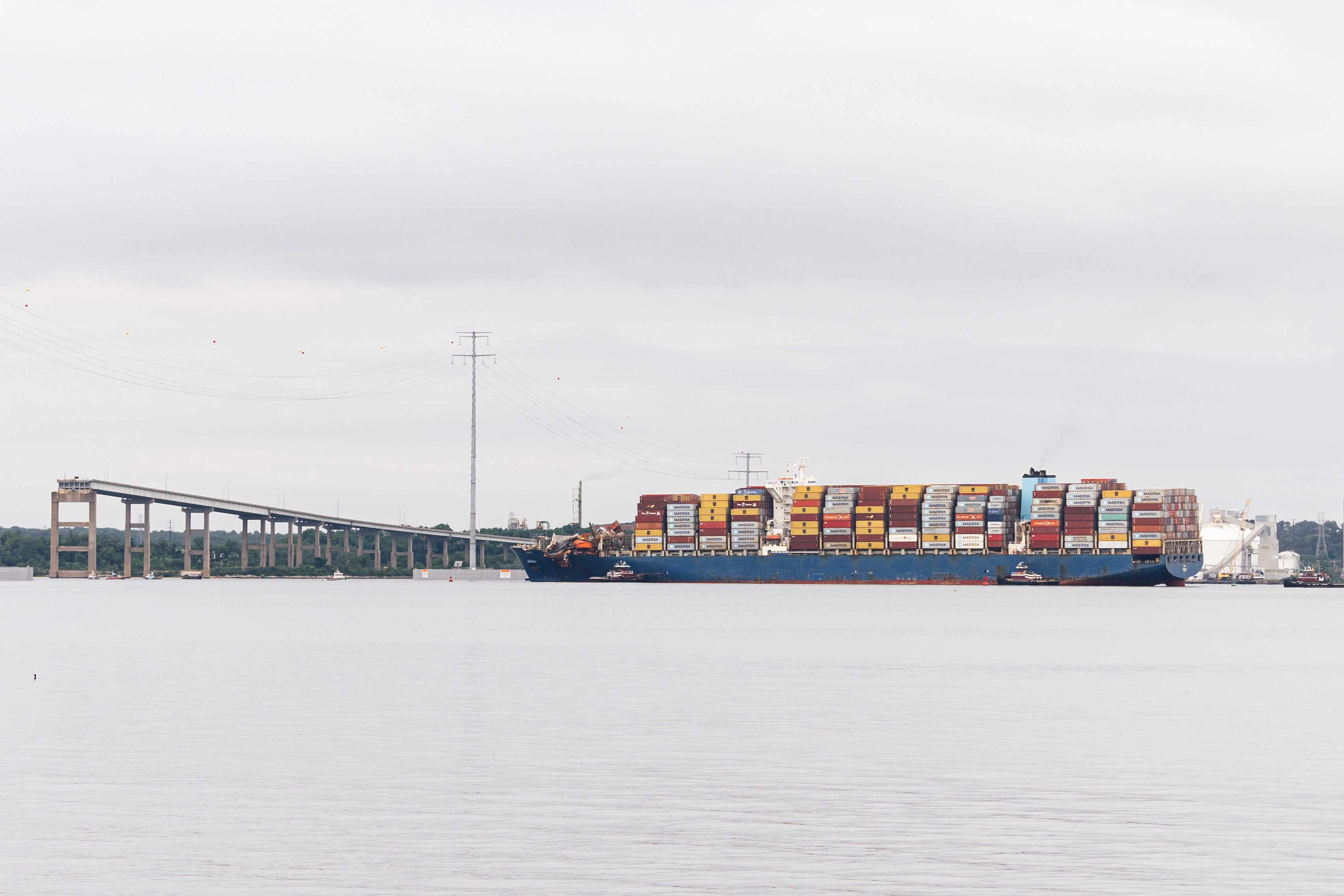 The Dali cargo ship was moved from the Key Bridge wreckage site on Monday. (Wesley Lapointe/The Baltimore Banner)