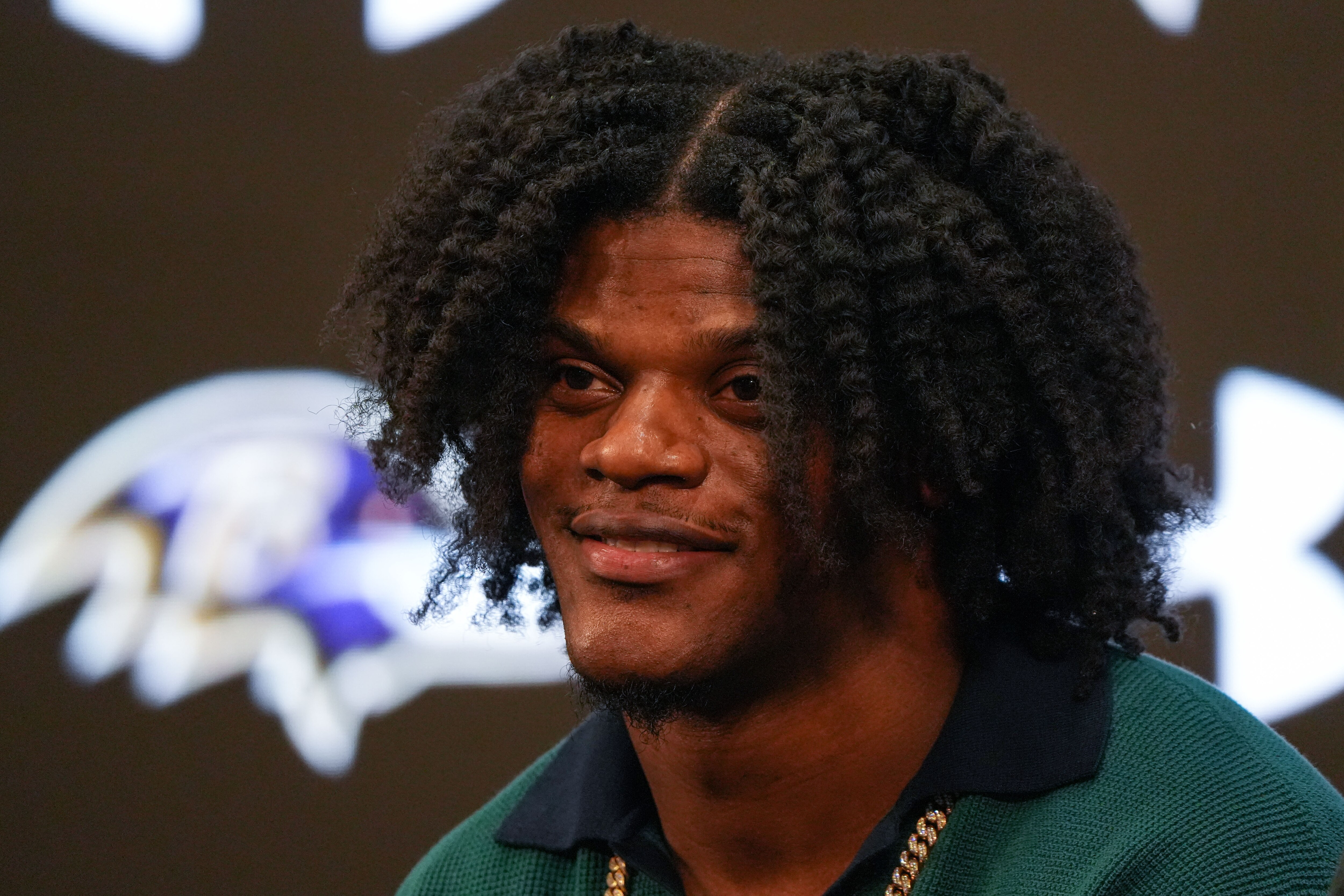 Baltimore Ravens quarterback Lamar Jackson takes questions from reporters during a press conference at the Under Armour Performance Center on Thursday, May 4. Jackson and the Ravens recently came to an agreement on his contract extension, a 5-year deal worth $260 million.