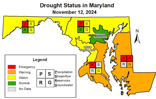 A map showing drought conditions across most of Maryland in mid-November.