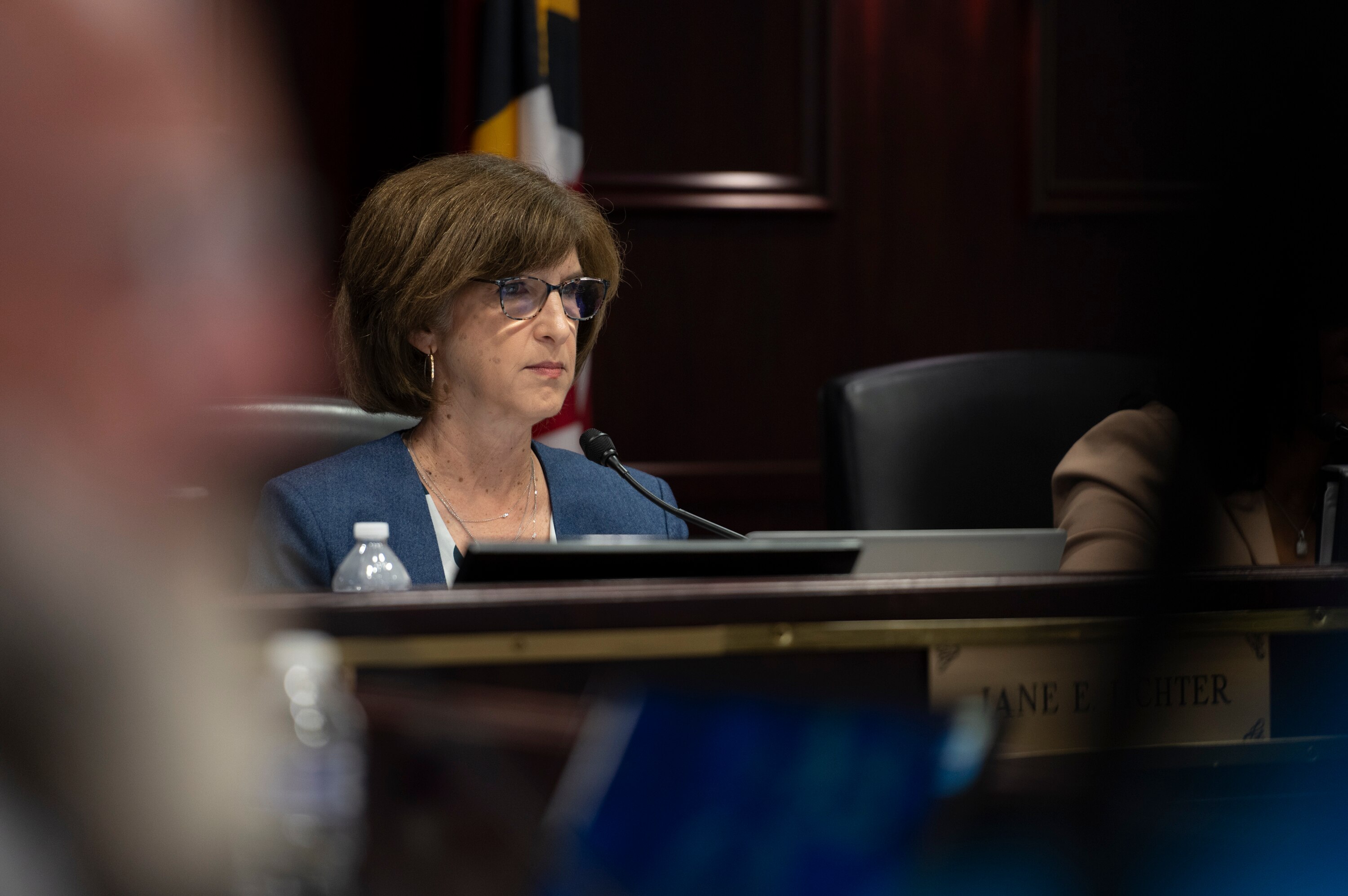 Baltimore County Board of Education Chair Jane E. Lichter sits and listens during a meeting on July 11, 2023.
