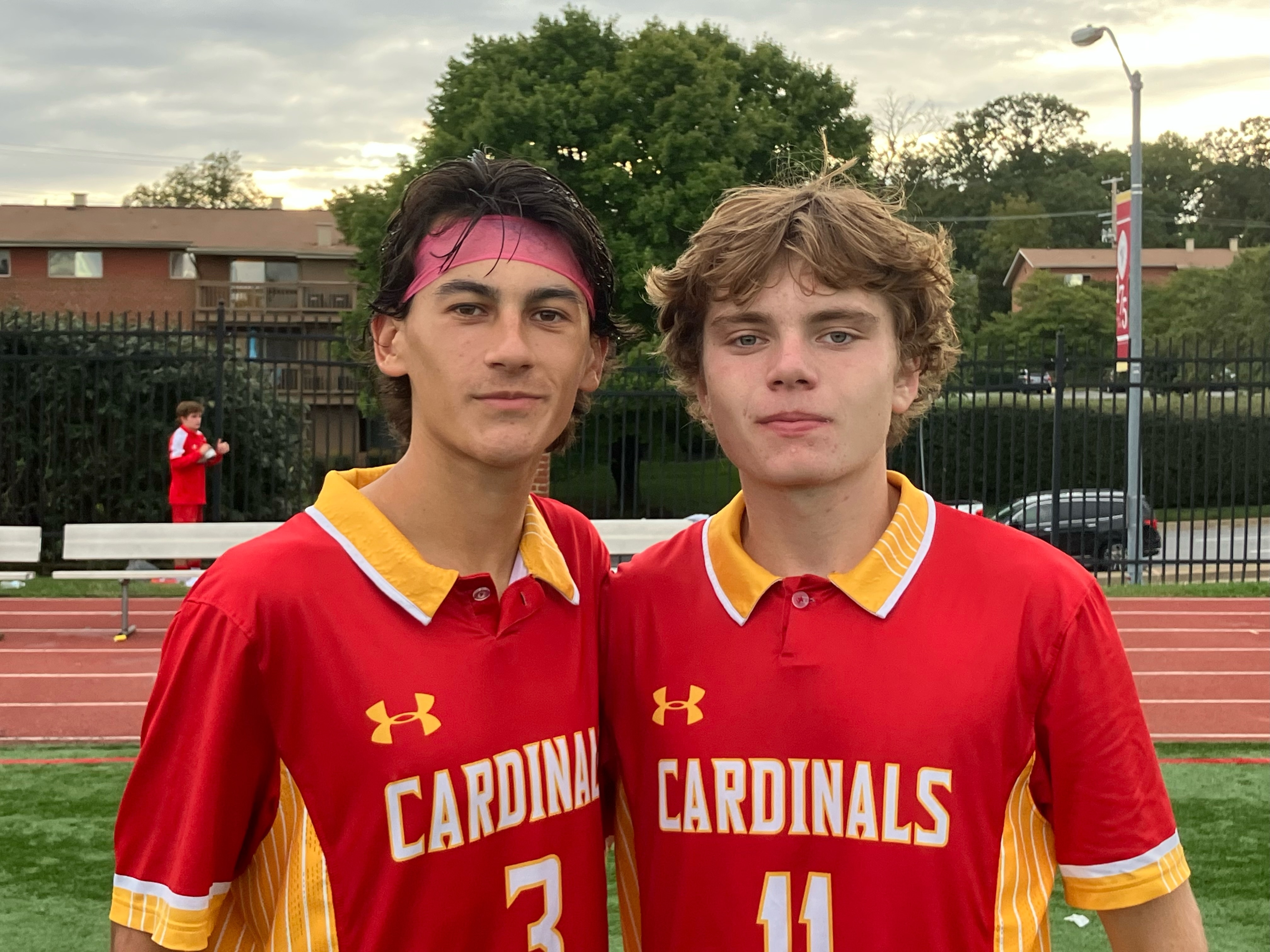 Junior Rocco Pastore (left) scored the first goal on an assist from senior Ben Madore in No. 1 Calvert Hall’s 5-1 victory over second-ranked John Carroll on Wednesday in Towson. Madore added two goals in the Cardinals’ win.