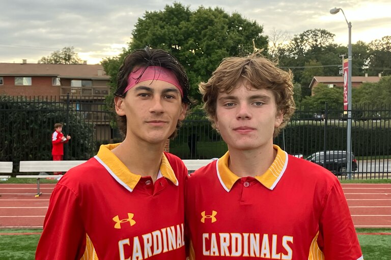Junior Rocco Pastore (left) scored the first goal on an assist from senior Ben Madore in No. 1 Calvert Hall’s 5-1 victory over second-ranked John Carroll on Wednesday in Towson. Madore added two goals in the Cardinals’ win.
