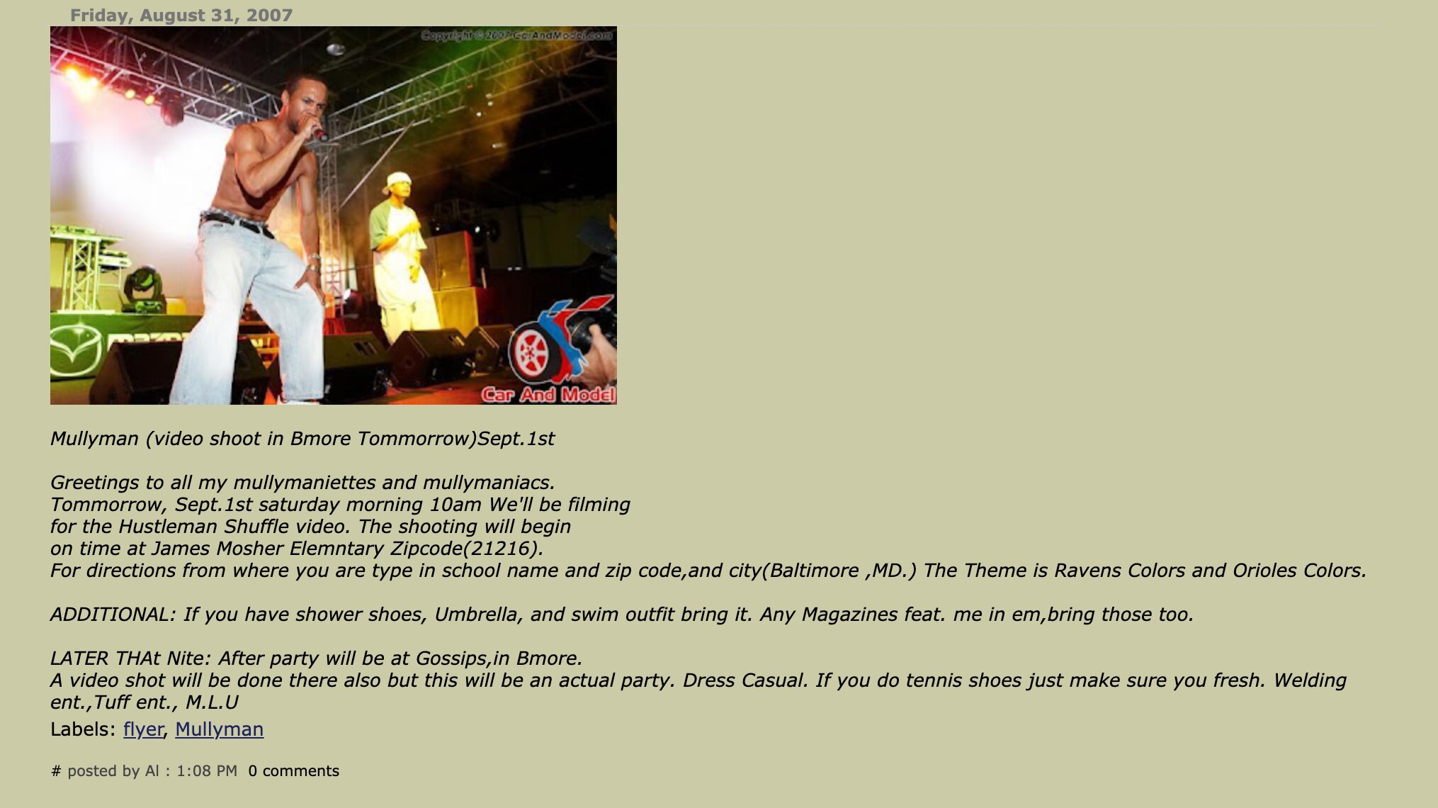 A screenshot of a Government Names post in 2007 that promoted a video shoot for rapper Mullyman in West Baltimore.