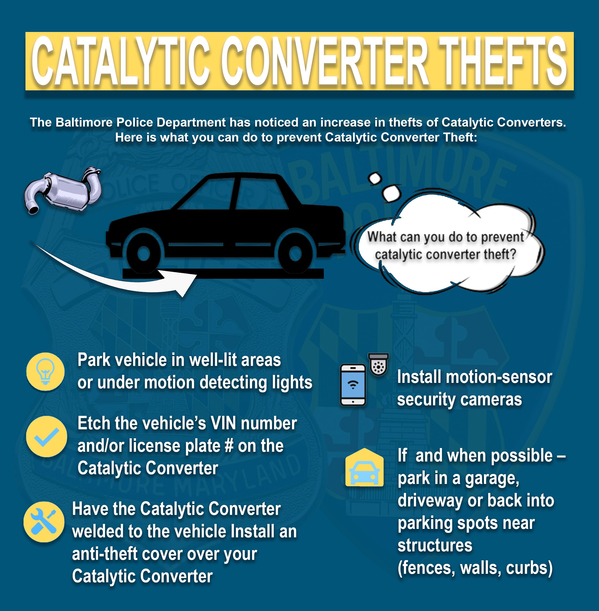 Baltimore City Police Department released this flier to citizens with suggestions to deter catalytic converter thefts.