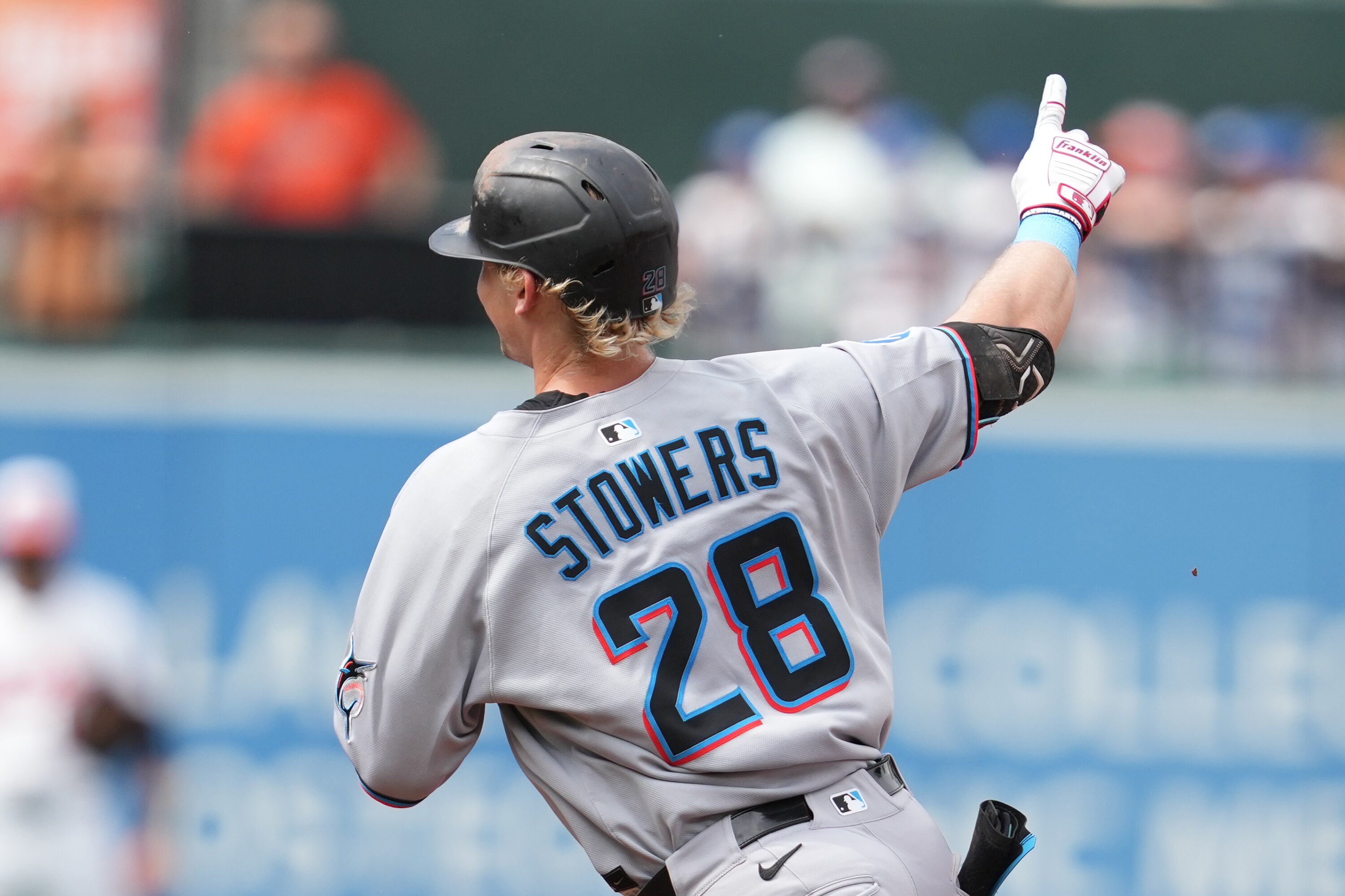Kyle Stowers of the Marlins rounds the bases after hitting the first of his three home runs Sunday at Camden Yards.