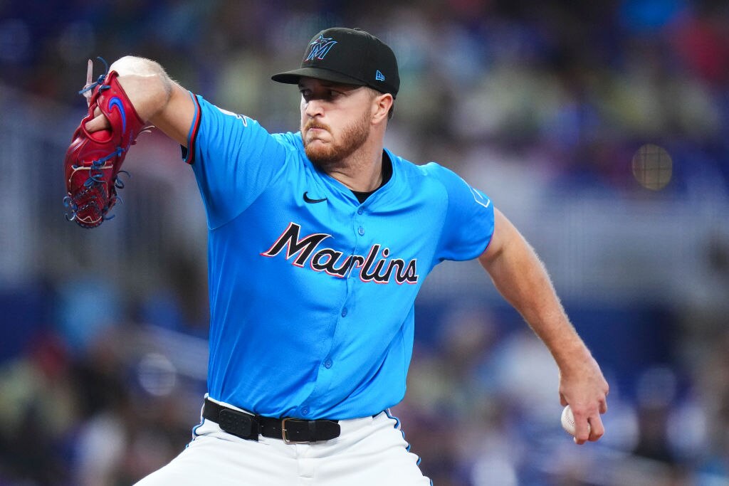 Trevor Rogers, #28 of the Miami Marlins, throws a pitch during a game against the New York Mets at loanDepot park on July 21, 2024 in Miami, Florida. (Photo by Rich Storry/Getty Images)