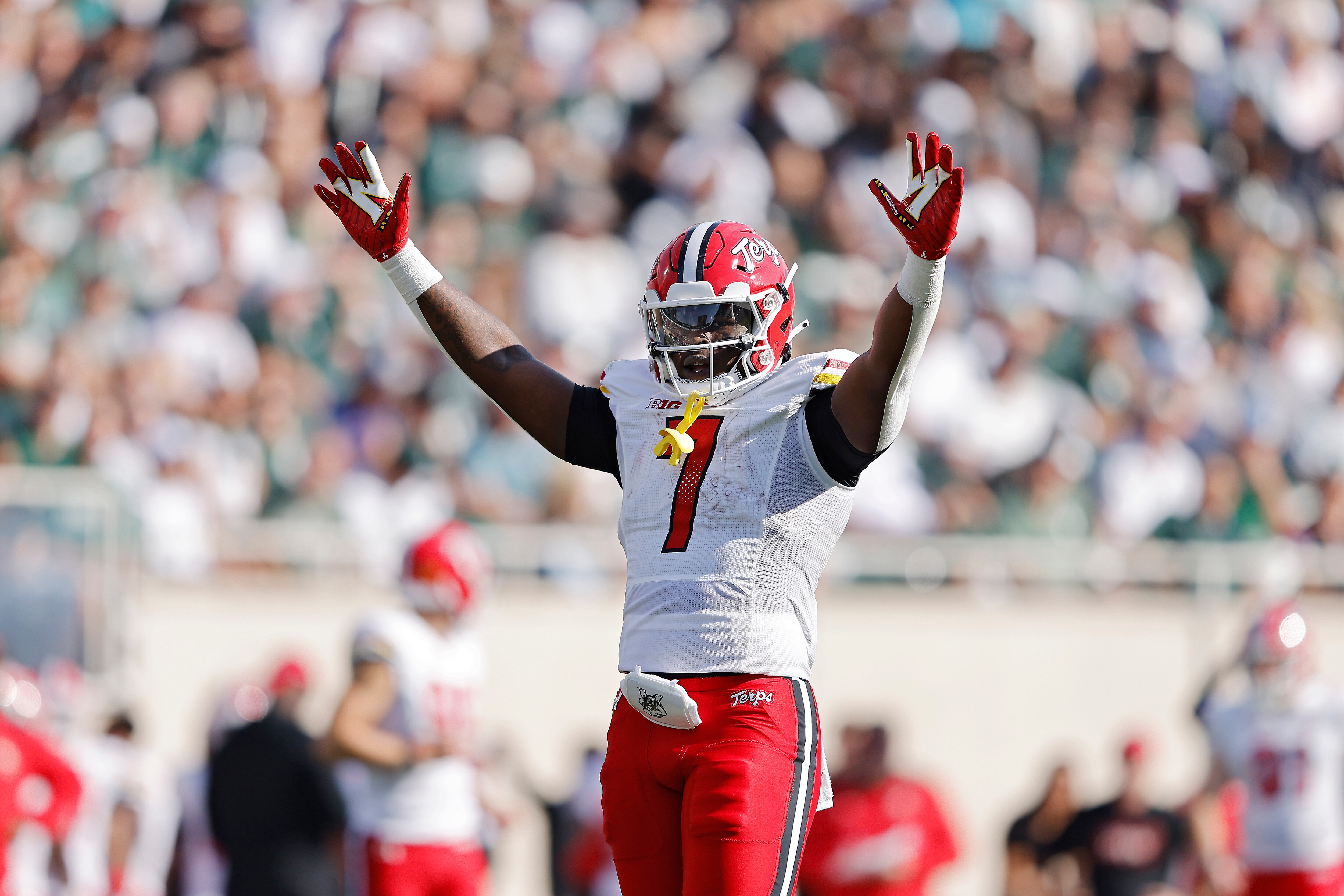 EAST LANSING, MICHIGAN - SEPTEMBER 23: Antwain Littleton II #7 of the Maryland Terrapins calls for a touchdown in the second quarter of a game against the Michigan State Spartans at Spartan Stadium on September 23, 2023 in East Lansing, Michigan. (Photo by Mike Mulholland/Getty Images)