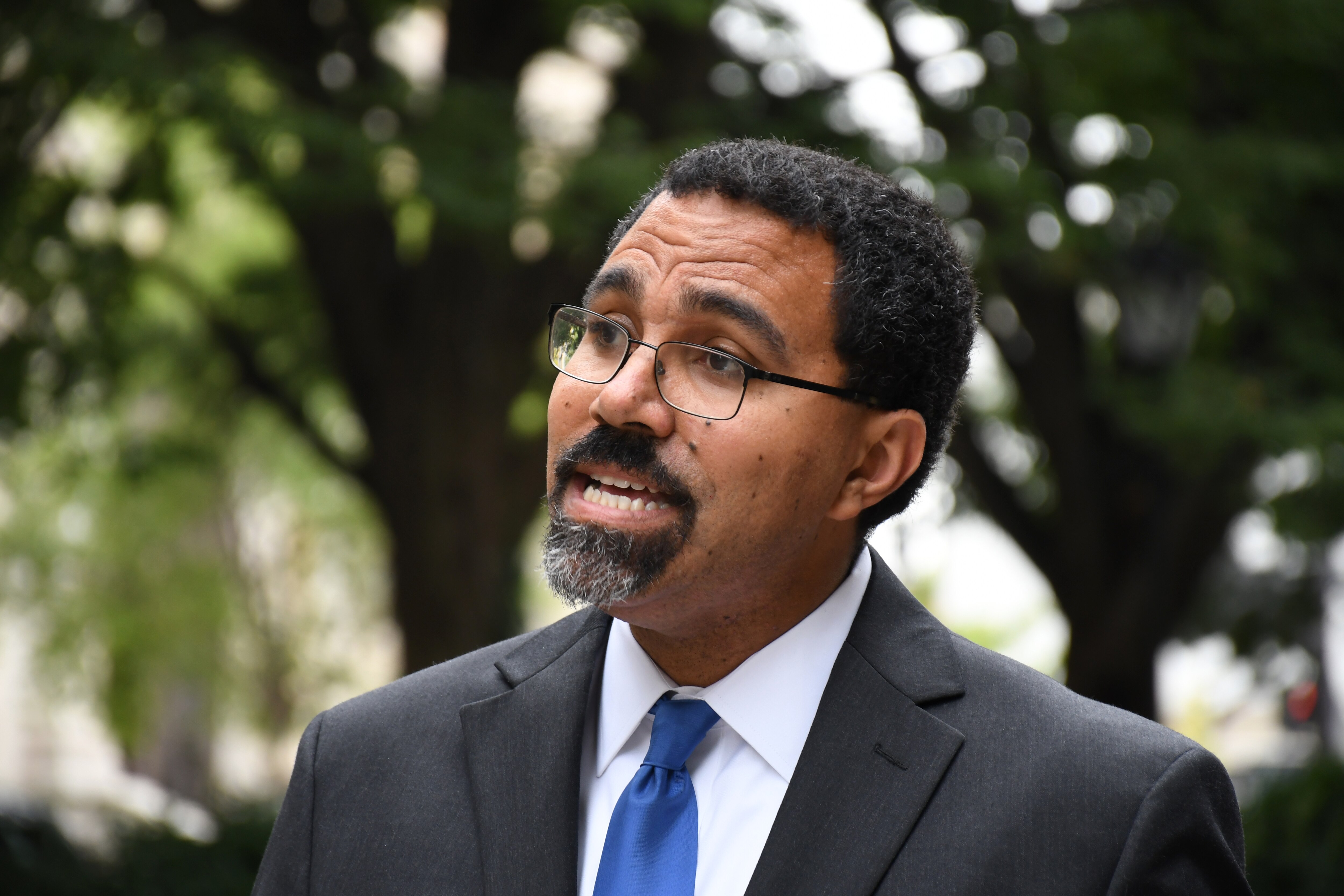Maryland Democratic gubernatorial candidate John King outlines his "One Baltimore" plan during a news conference in Mount Vernon on June 21, 2022.