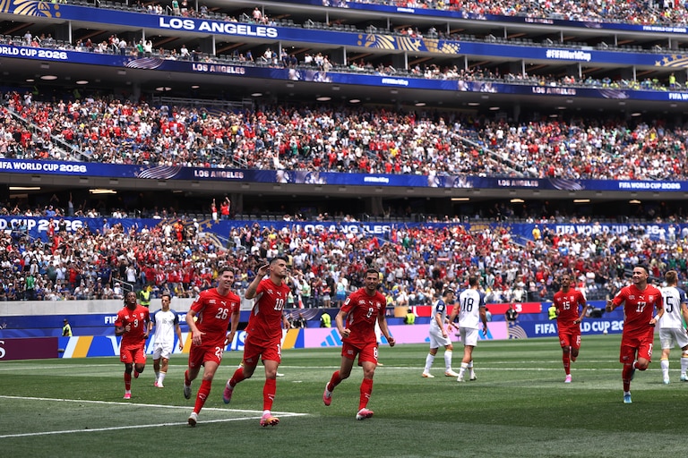INGLEWOOD, CALIFORNIA - JUNE 18: Granit Xhaka #10 of Switzerland celebrates with teammates after scoring the team's fourth goal during the FIFA World Cup 2026 Group B match between Switzerland and Bosnia and Herzegovina at Los Angeles Stadium on June 18, 2026 in Inglewood, California. (Photo by Dean Mouhtaropoulos/Getty Images)