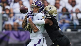 New Orleans Saints cornerback Kool-Aid McKinstry (1) breaks up a pass intended for Baltimore Ravens wide receiver Chris Moore (17) in the second half of an NFL football game in Baltimore, Sunday, Sept. 20, 2026. (AP Photo/Stephanie Scarbrough)