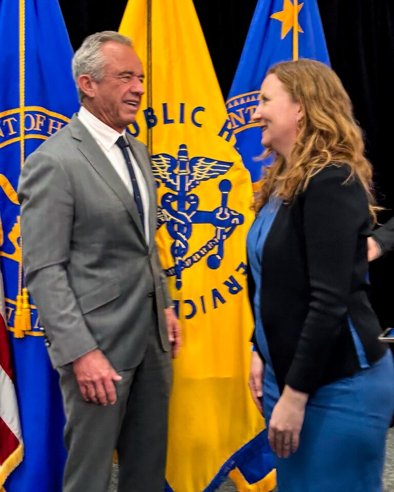 Susan Sullivan of Frederick meets with U.S. Health Secretary Robert F. Kennedy, Jr., during a Federal Health and Human Services press conference in Washington, D.C. Her son Daniel died of MLD.