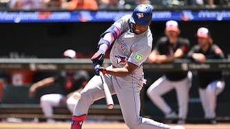 BALTIMORE, MD - MAY 31: Jesús Sánchez #12 of the Toronto Blue Jays hits a single in the second inning against the Baltimore Orioles at Oriole Park at Camden Yards on May 31, 2026 in Baltimore, Maryland.