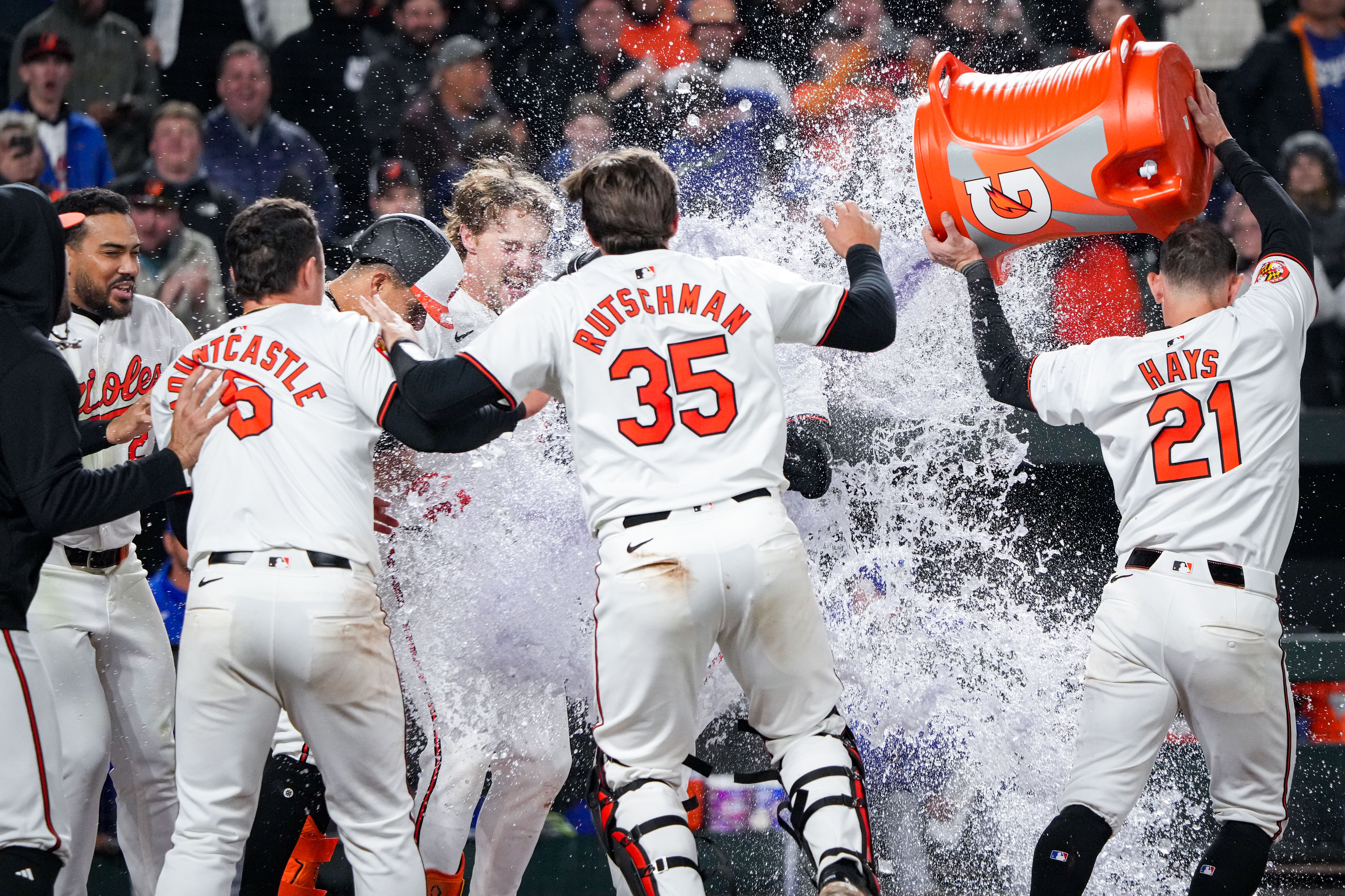 In this file photo, Orioles second baseman Jordan Westburg is doused by his teammates after he hit a two-run homer against the Kansas City Royals.