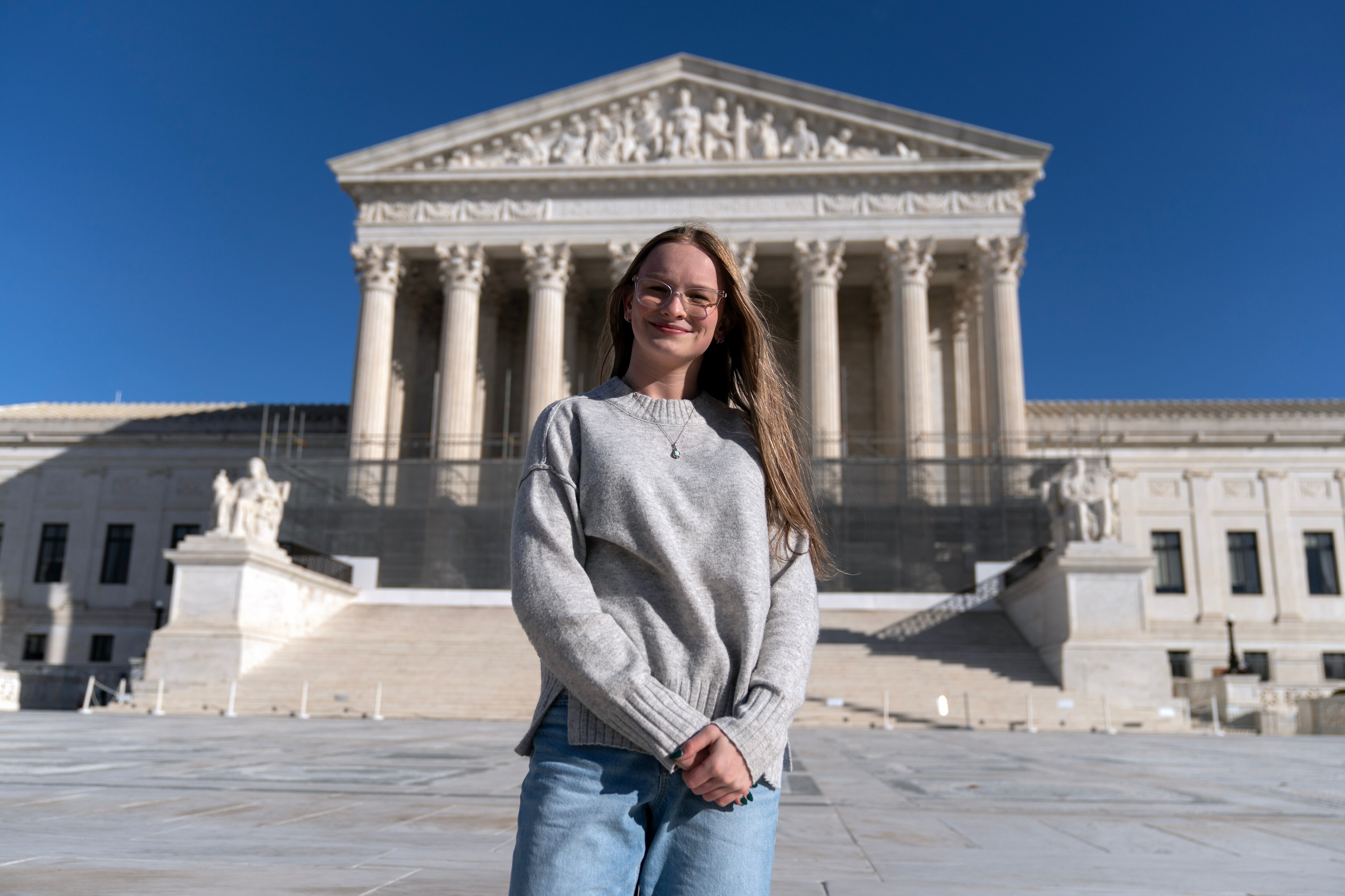 Becky Pepper-Jackson poses for a photograph outside of the U.S. Supreme Court in Washington, Sunday, Jan. 11, 2026. (AP Photo/Jose Luis Magana)