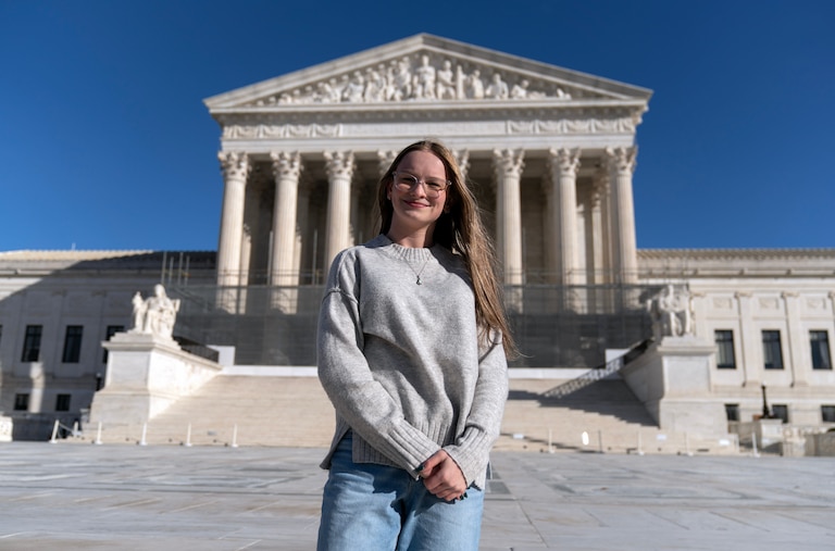 Becky Pepper-Jackson poses for a photograph outside of the U.S. Supreme Court in Washington, Sunday, Jan. 11, 2026. (AP Photo/Jose Luis Magana)