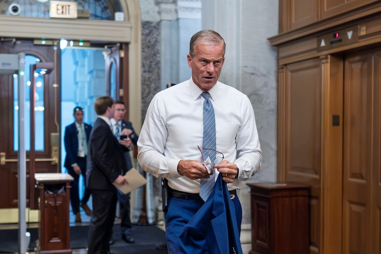 Senate Majority Leader John Thune, R-S.D., arrives at the Capitol in Washington, Tuesday, June 23, 2026, as he prepares for a meeting with President Donald Trump.