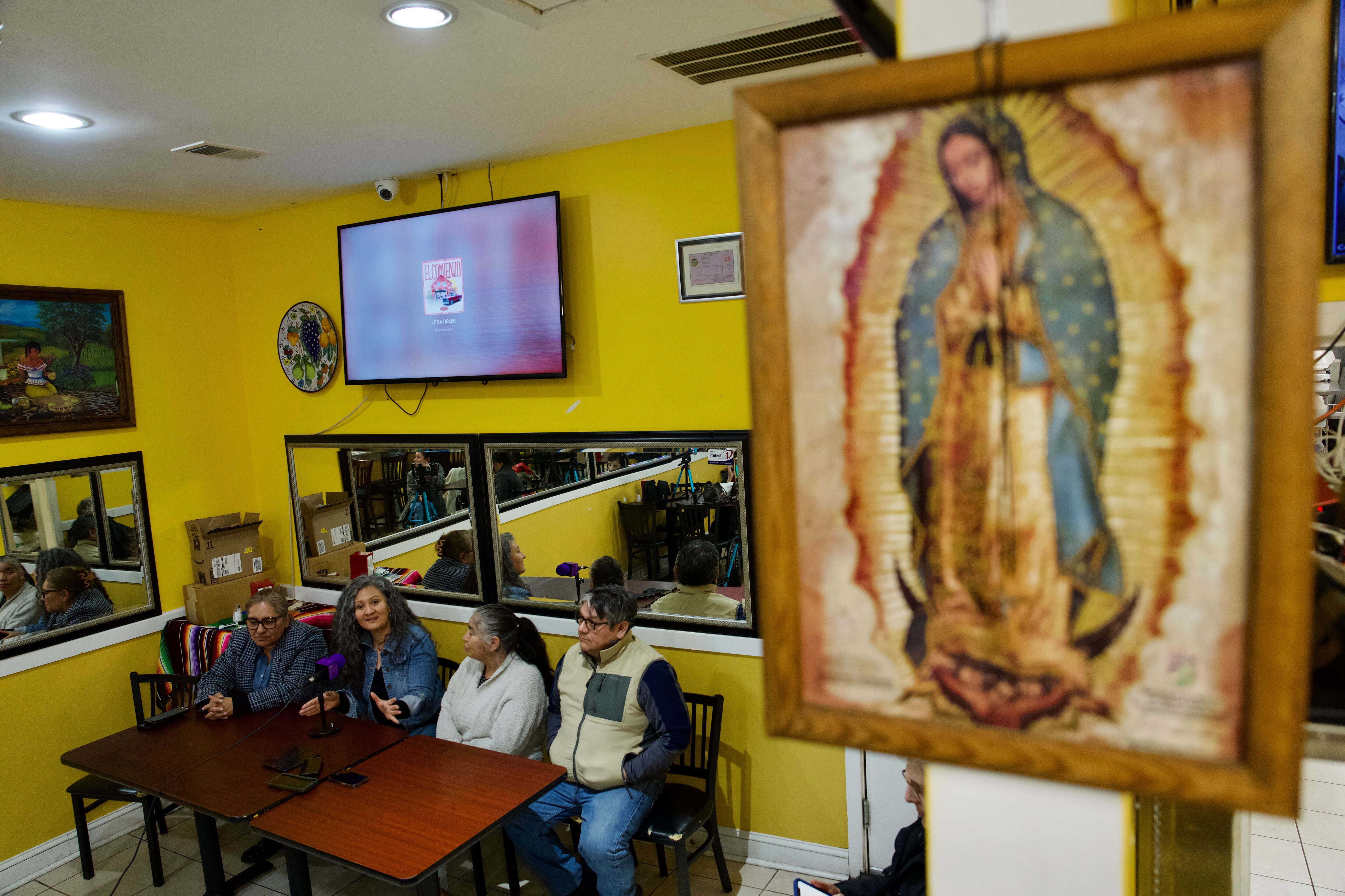 Community advocates hold a press conference to discuss a fundraising campaign for families of the Key Bridge collapse in Highlandtown, Maryland on March 27, 2024. From left, Lucia Islas, Gevene Alarcon, Susana Barrios and Carlos Crespo.