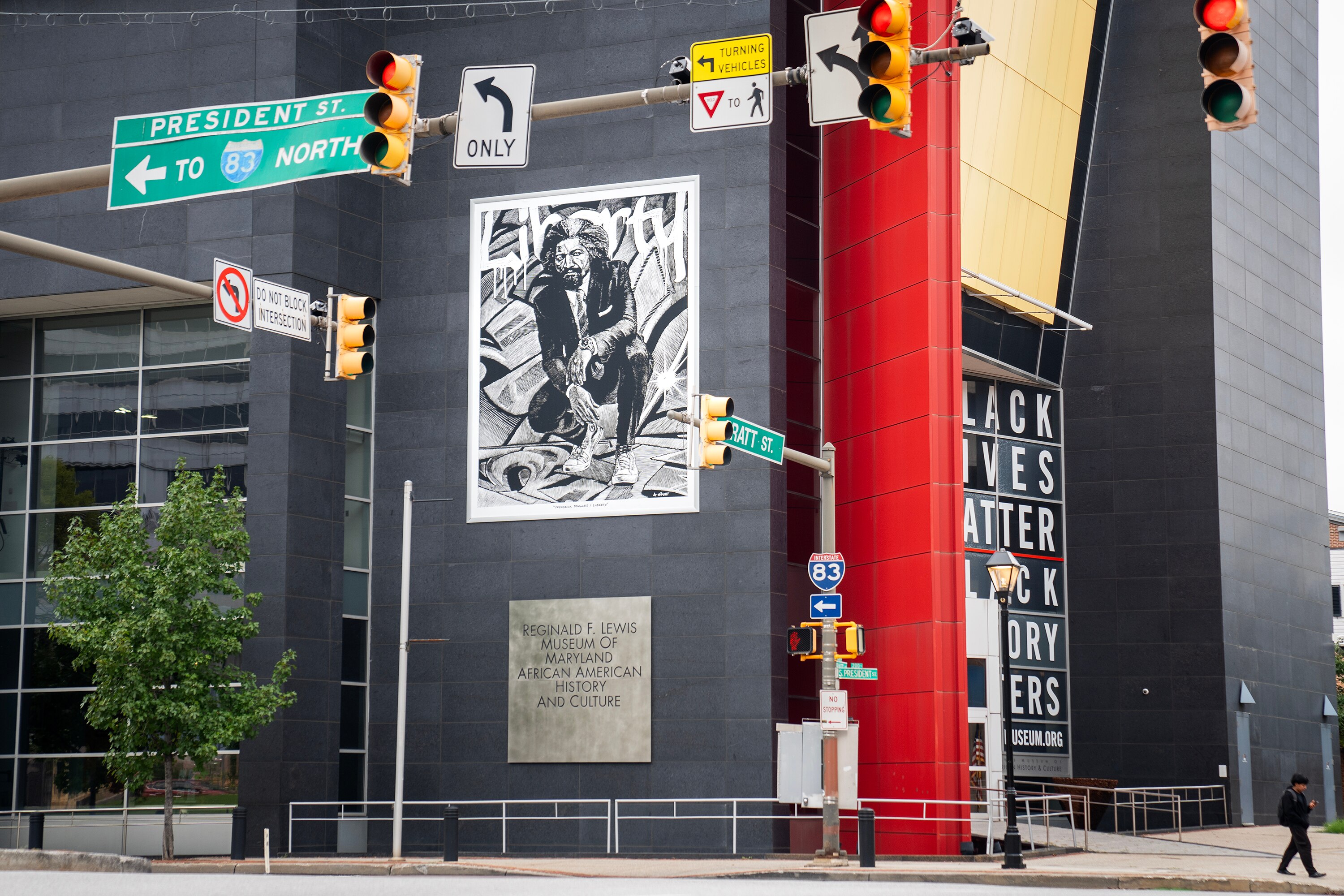 A rendering of Frederick Douglass titled “Frederick Douglass / Liberty” outside the Reginald F. Lewis Museum of Maryland African American History and Culture in Baltimore, Md., on Wednesday, Oct. 2, 2024.