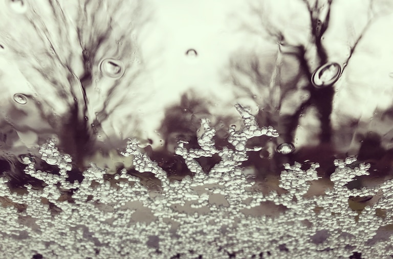 Close up of ice and rain on the windshield of a car with bare winter trees beyond.