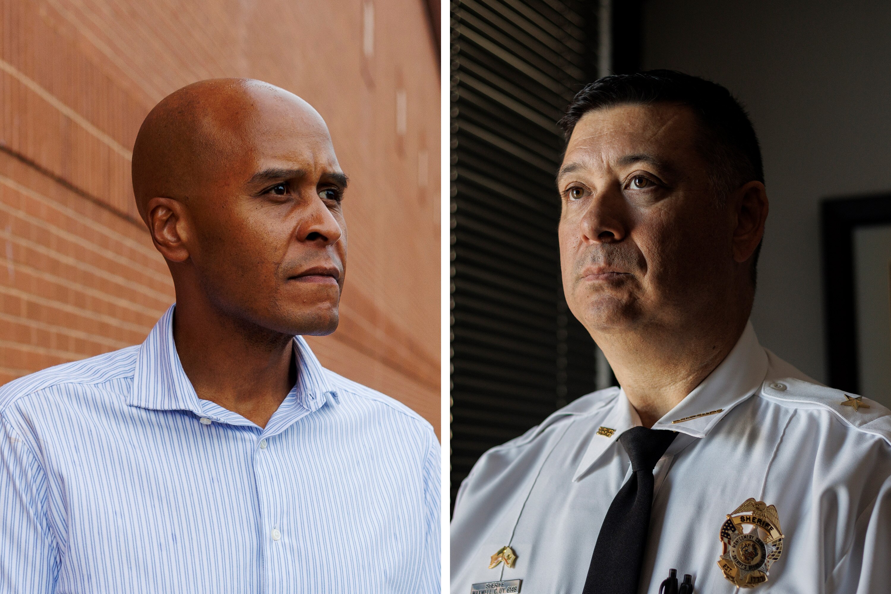 At left, Will Milam at his campaign kickoff event in Gaithersburg on Sept. 6, 2025. At right, Sheriff Maxwell Uy at his office in Rockville on Sept. 12, 2025.
