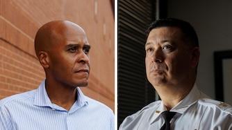 At left, Will Milam at his campaign kickoff event in Gaithersburg on Sept. 6, 2025. At right, Sheriff Maxwell Uy at his office in Rockville on Sept. 12, 2025.
