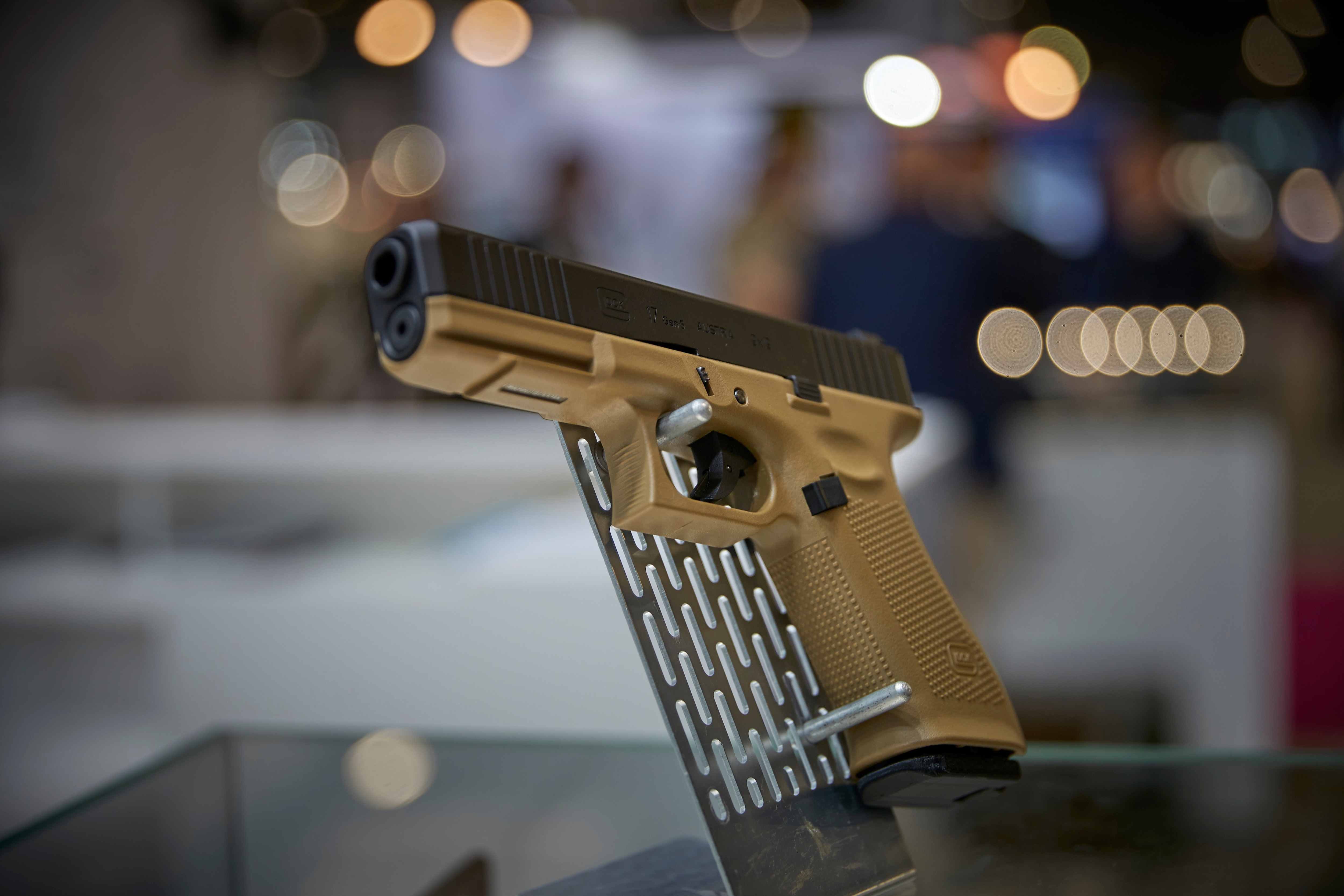 A Glock-19 on display at the Eurosatory International Defence and Security Exhibition on June 14, 2022 in Paris, France.