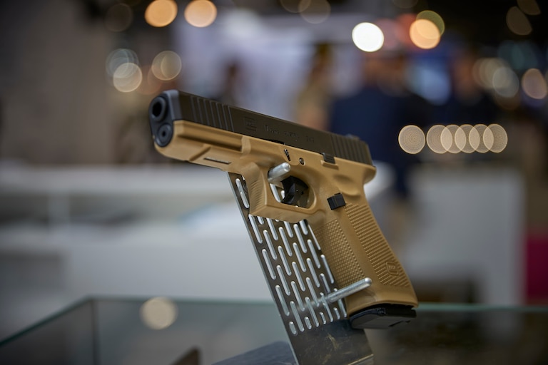 A Glock-19 on display at the Eurosatory International Defence and Security Exhibition on June 14, 2022 in Paris, France.