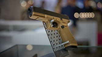 A Glock-19 on display at the Eurosatory International Defence and Security Exhibition on June 14, 2022 in Paris, France.