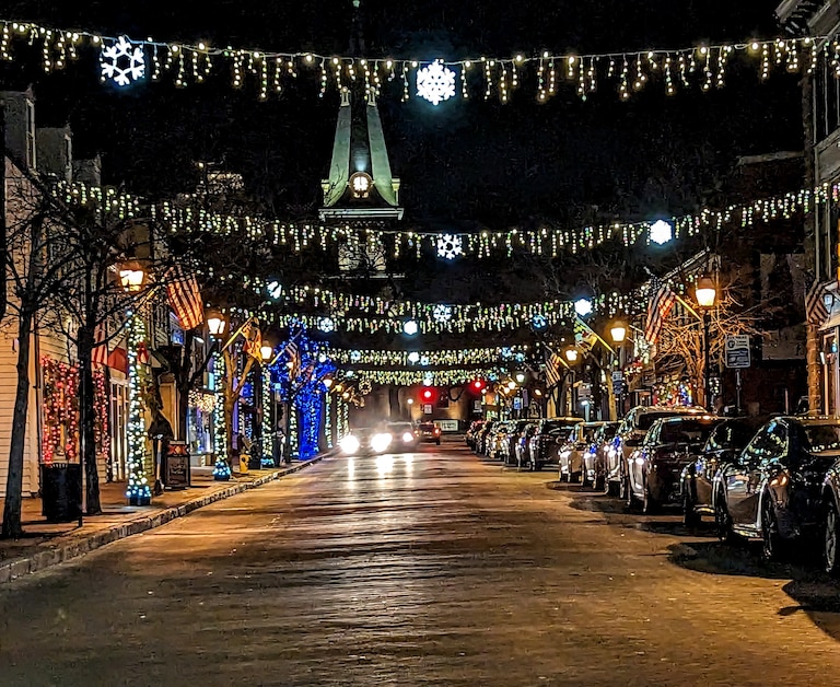 Holiday lights illuminate Inner West Street in Annapolis.