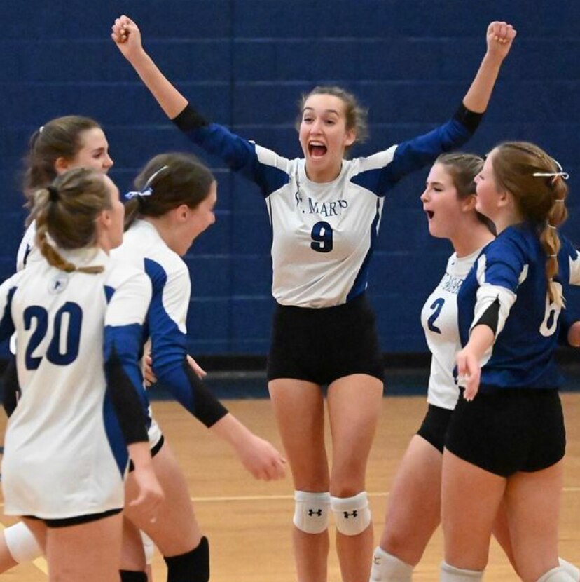 St. Mary's volleyball celebrates its opening round victory over St. Vincent Pallotti Thursday in the IAAM B Conference playoffs. The third-seeded Saints will play No. 2 seed Garrison Forest in next week's semifinals.