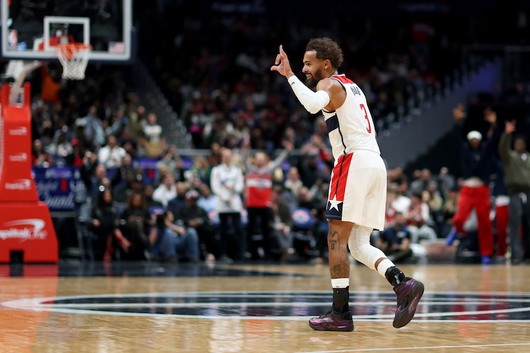 WASHINGTON, DC - OCTOBER 23: Trae Young #3 of the Washington Wizards reacts after scoring in the first half against the Toronto Raptors at Capital One Arena on October 23, 2026 in Washington, DC. NOTE TO USER: User expressly acknowledges and agrees that, by downloading and or using this photograph, User is consenting to terms and conditions of the Getty Images License Agreement. (Photo by Todd Olszewski/Getty Images)