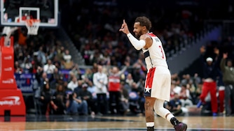 WASHINGTON, DC - OCTOBER 23: Trae Young #3 of the Washington Wizards reacts after scoring in the first half against the Toronto Raptors at Capital One Arena on October 23, 2026 in Washington, DC. NOTE TO USER: User expressly acknowledges and agrees that, by downloading and or using this photograph, User is consenting to terms and conditions of the Getty Images License Agreement. (Photo by Todd Olszewski/Getty Images)