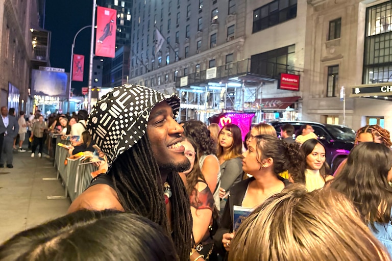 Marcus John, who is from the Eastern Shore and stars as Alexander Hamilton on Broadway, signs autographs for fans outside the theatre last month.