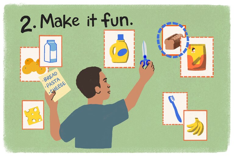 Boy with grocery list and scissors searches for coupons