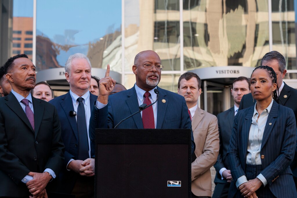 U.S. representative Glenn Ivey speaks at a press conference following an inspection of the Baltimore regional ICE field office.