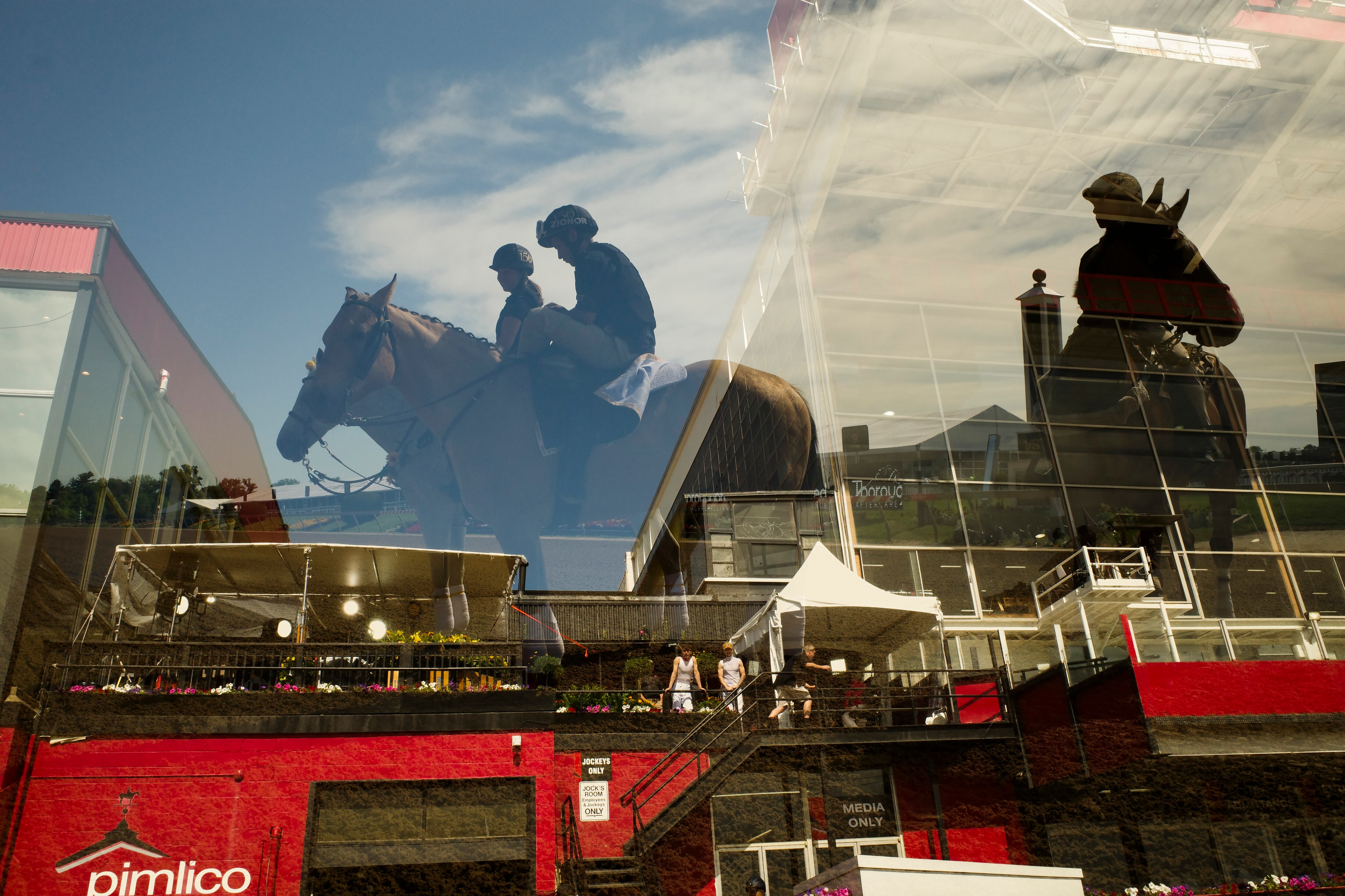 Horses, jockeys and patrons gather on the track at Pimlico ahead of the first race of the day.