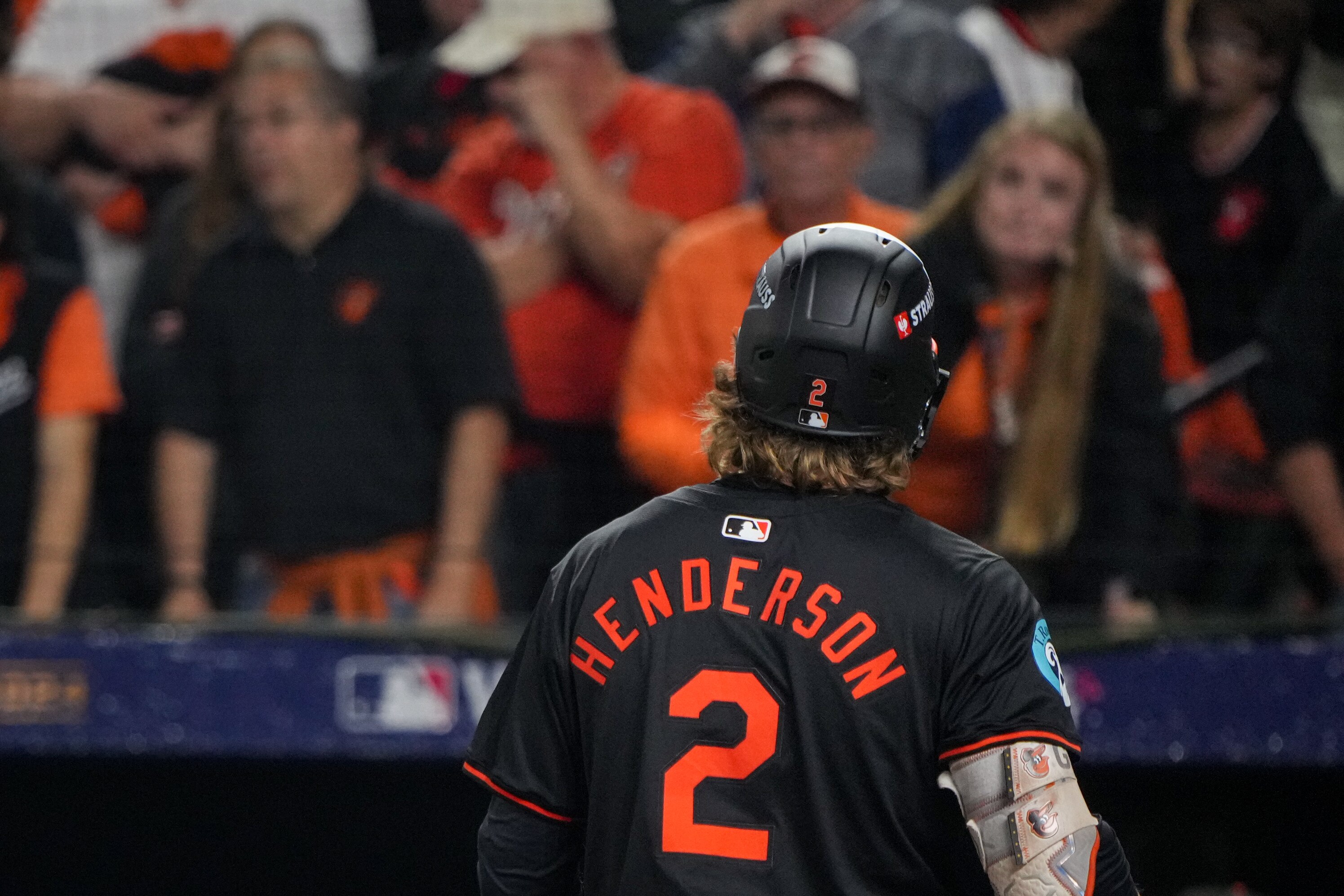 Baltimore Orioles shortstop Gunnar Henderson (2) walks back to the dugout after striking out in the final at bat during the second game of the Wild Card playoff series against the Kansas City Royals at Camden Yards in Baltimore on Wednesday, October 2, 2024.