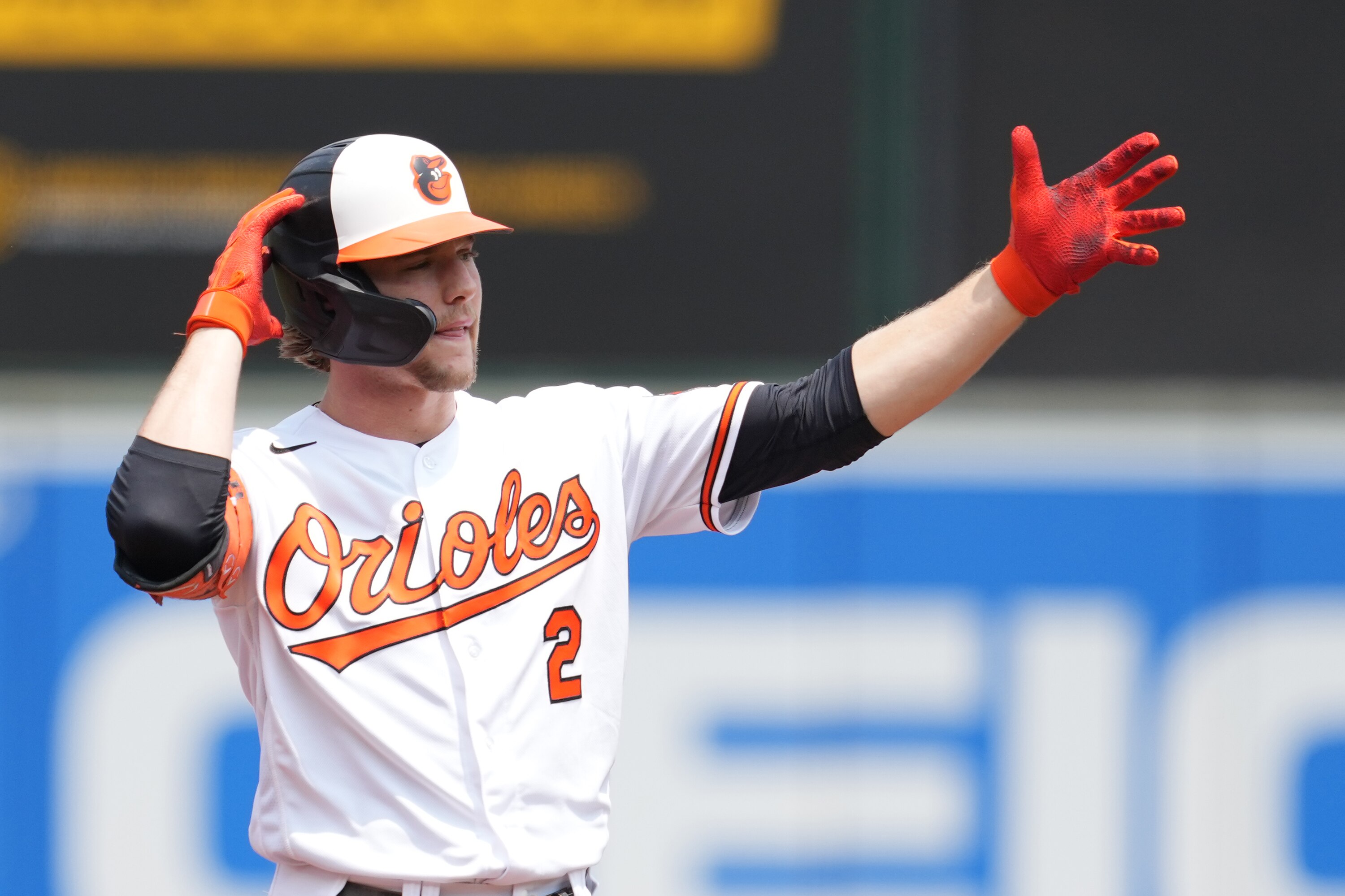 BALTIMORE, MARYLAND - JUNE 11:  Gunnar Henderson #2 of the Baltimore Orioles celebrates a double in the first inning during a baseball game against the Kansas City Royals at Oriole Park at Camden Yards on June 11, 2023 in Baltimore.