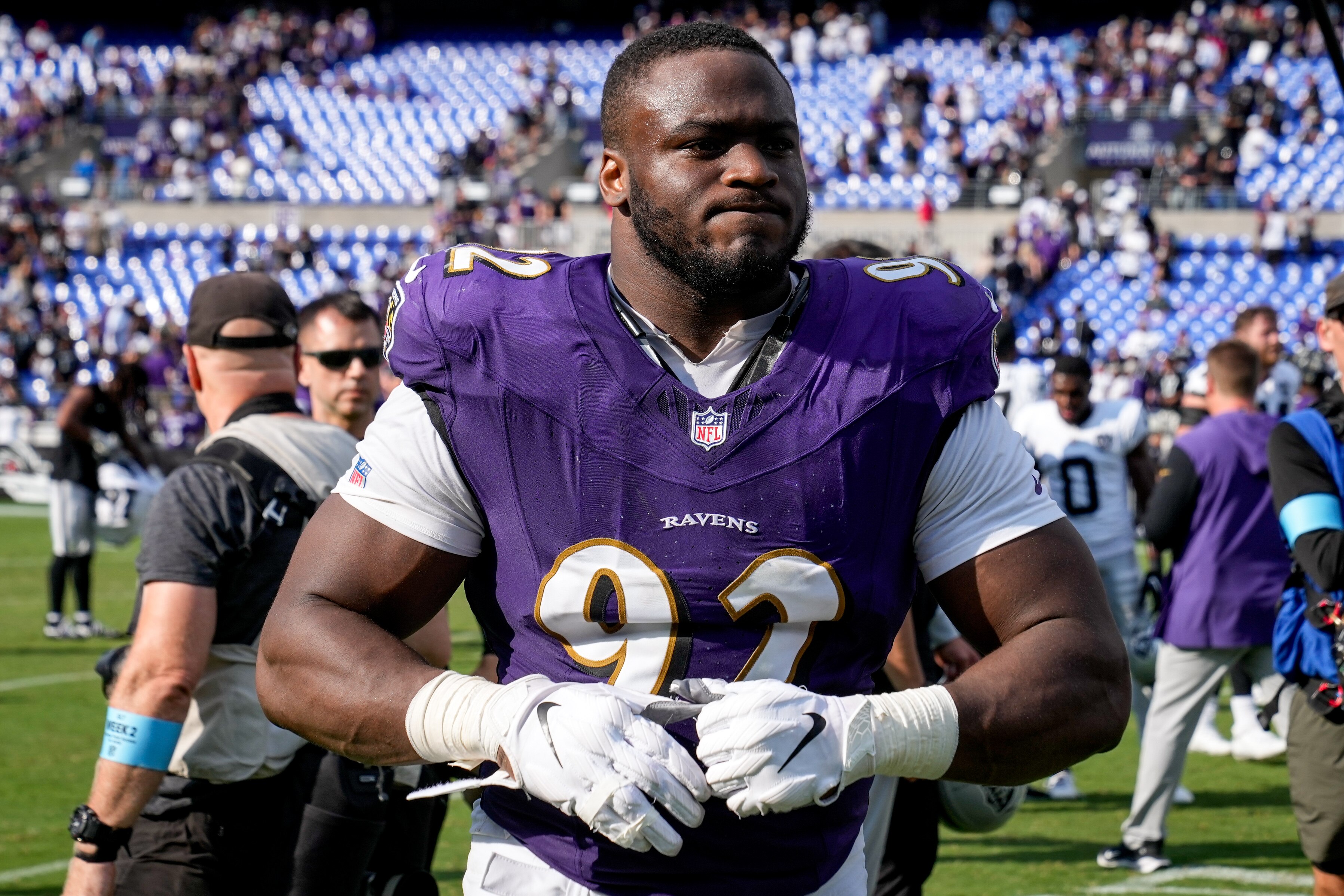Baltimore Ravens defensive tackle Nnamdi Madubuike (92) walks off the field after he and the team lost their home opener against the Las Vegas Raiders at M&T Bank Stadium in Baltimore on Sunday, September 15, 2024.