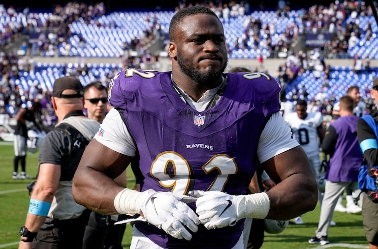 Baltimore Ravens defensive tackle Nnamdi Madubuike (92) walks off the field after he and the team lost their home opener against the Las Vegas Raiders at M&T Bank Stadium in Baltimore on Sunday, September 15, 2024.