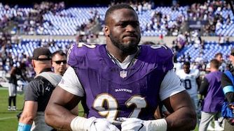 Baltimore Ravens defensive tackle Nnamdi Madubuike (92) walks off the field after he and the team lost their home opener against the Las Vegas Raiders at M&T Bank Stadium in Baltimore on Sunday, September 15, 2024.