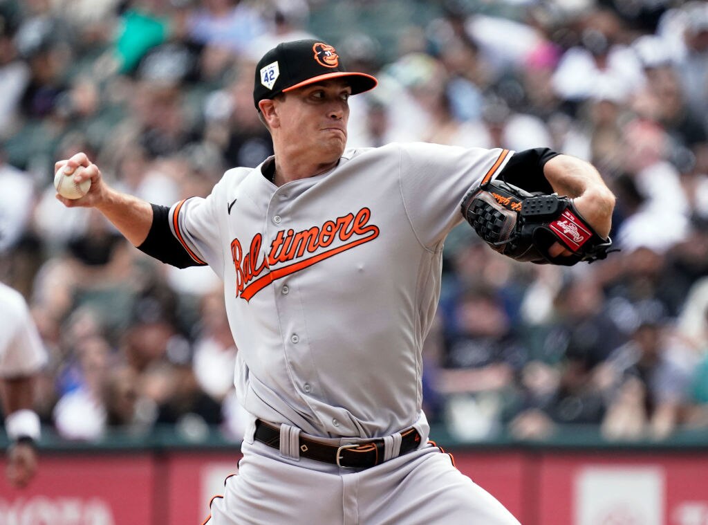 CHICAGO, ILLINOIS - APRIL 15: Kyle Gibson #48 of the Baltimore Orioles throws a pitch during the third inning against the Chicago White Sox at Guaranteed Rate Field on April 15, 2023 in Chicago, Illinois. All players are wearing the number 42 in honor of Jackie Robinson Day.
