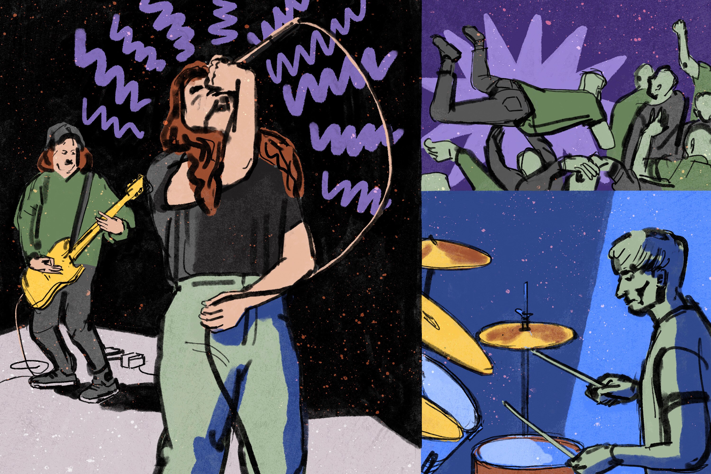 Illustration showing hardcore vocalist and guitarist performing, man crowdsurfing in mosh pit and drummer playing.